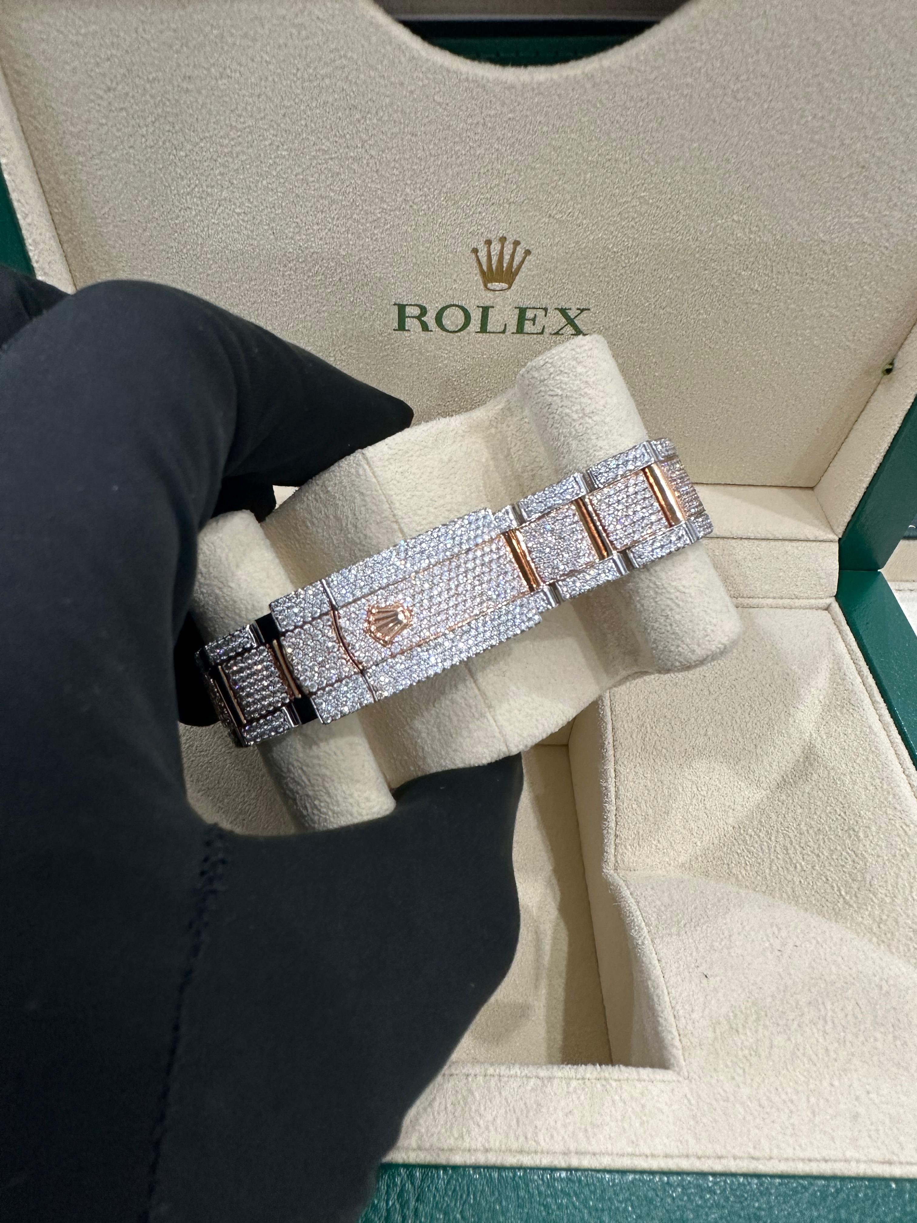 Rolex Two Tone Rose Gold Datejust 41 Oyster Bracelet Honey Comb Diamond Set With Chocolate Baguette Dial
