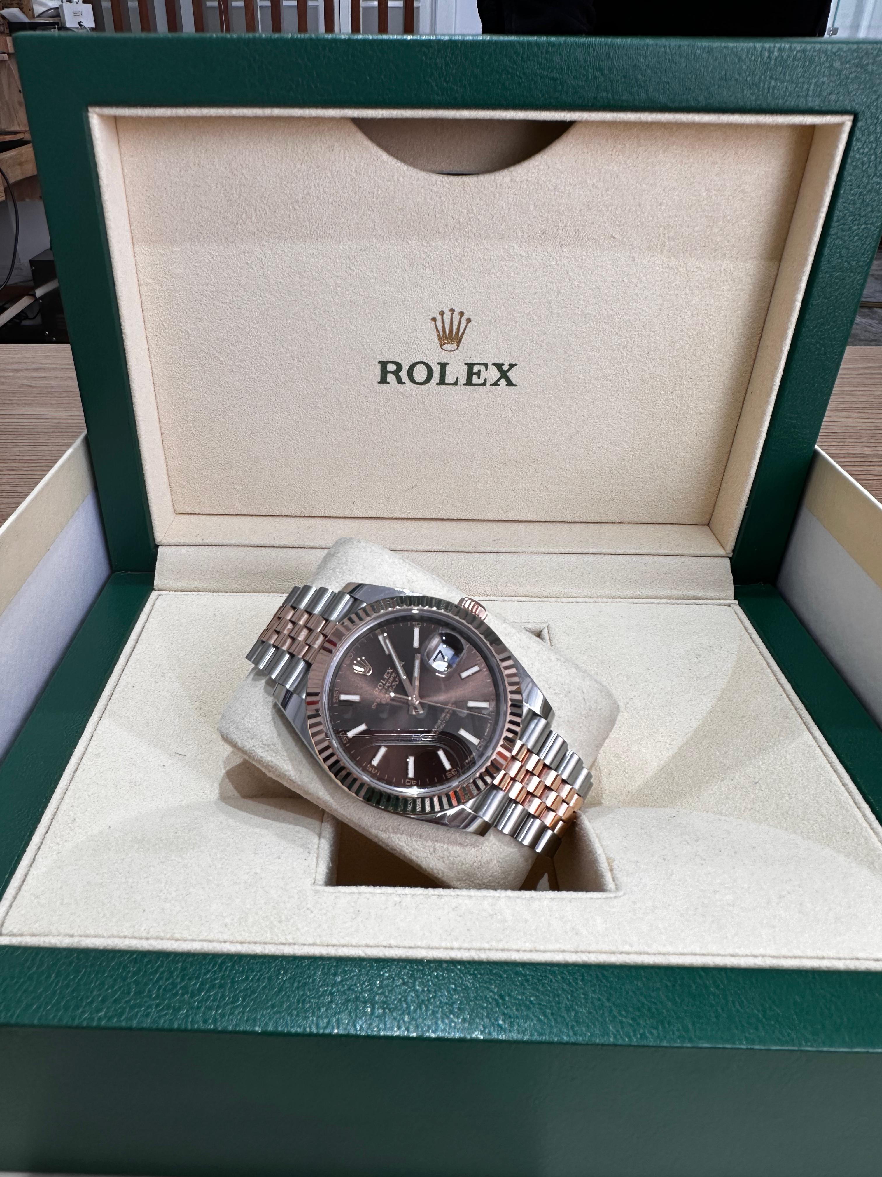 2019 Rolex Datejust 41 Two Tone Rose Gold Fluted Bezel Jubilee Bracelet With Chocolate Index Marker Dial