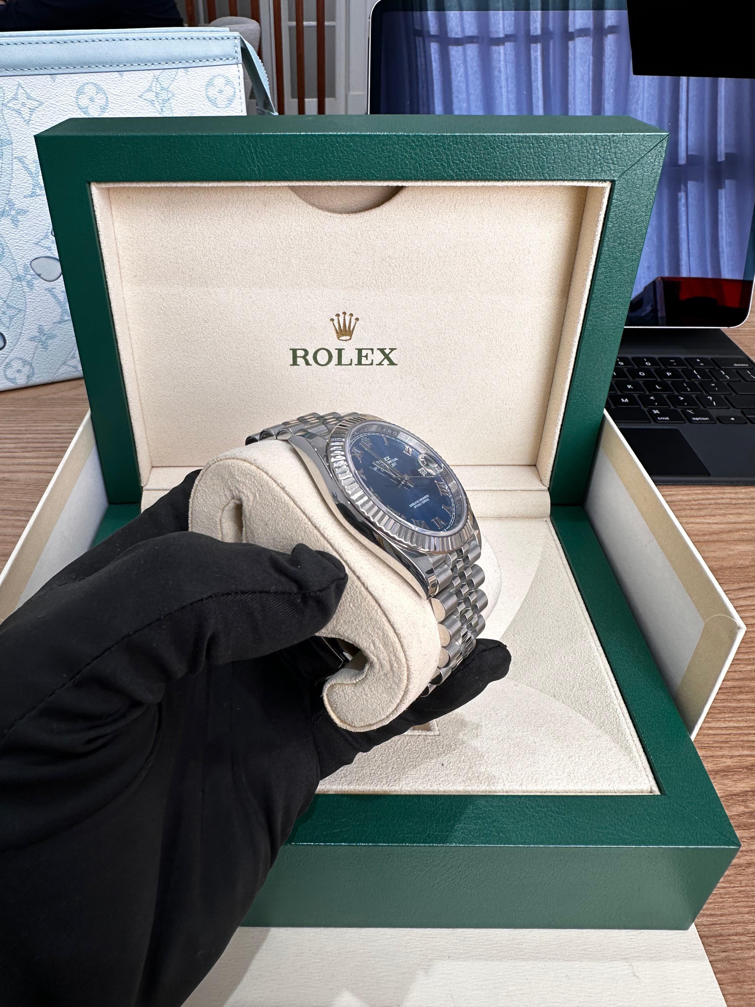 Rolex Datejust 41 Fluted Bezel Jubilee Bracelet Blue Roman Azzuro Dial