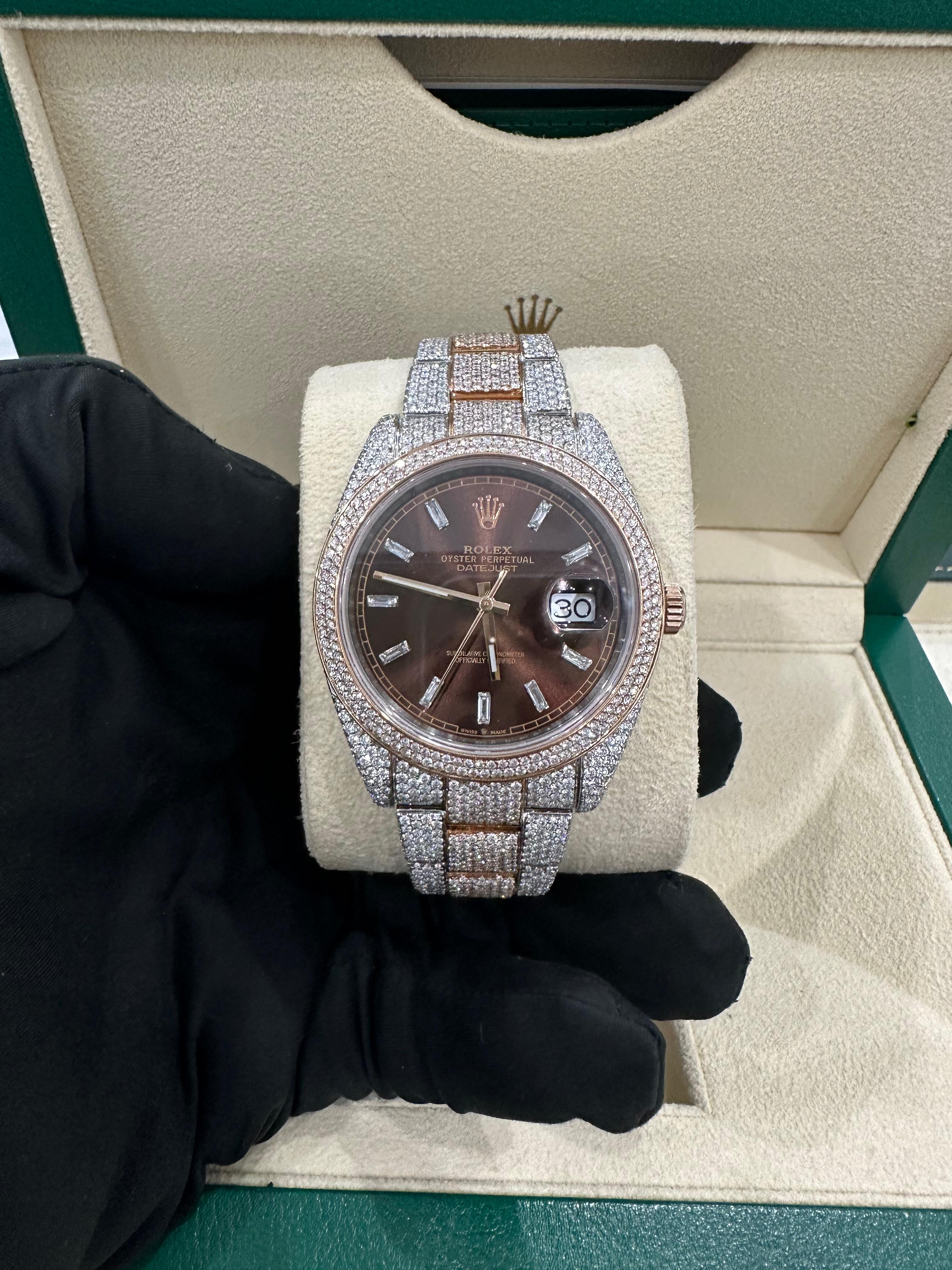 Rolex Two Tone Rose Gold Datejust 41 Oyster Bracelet Honey Comb Diamond Set With Chocolate Baguette Dial