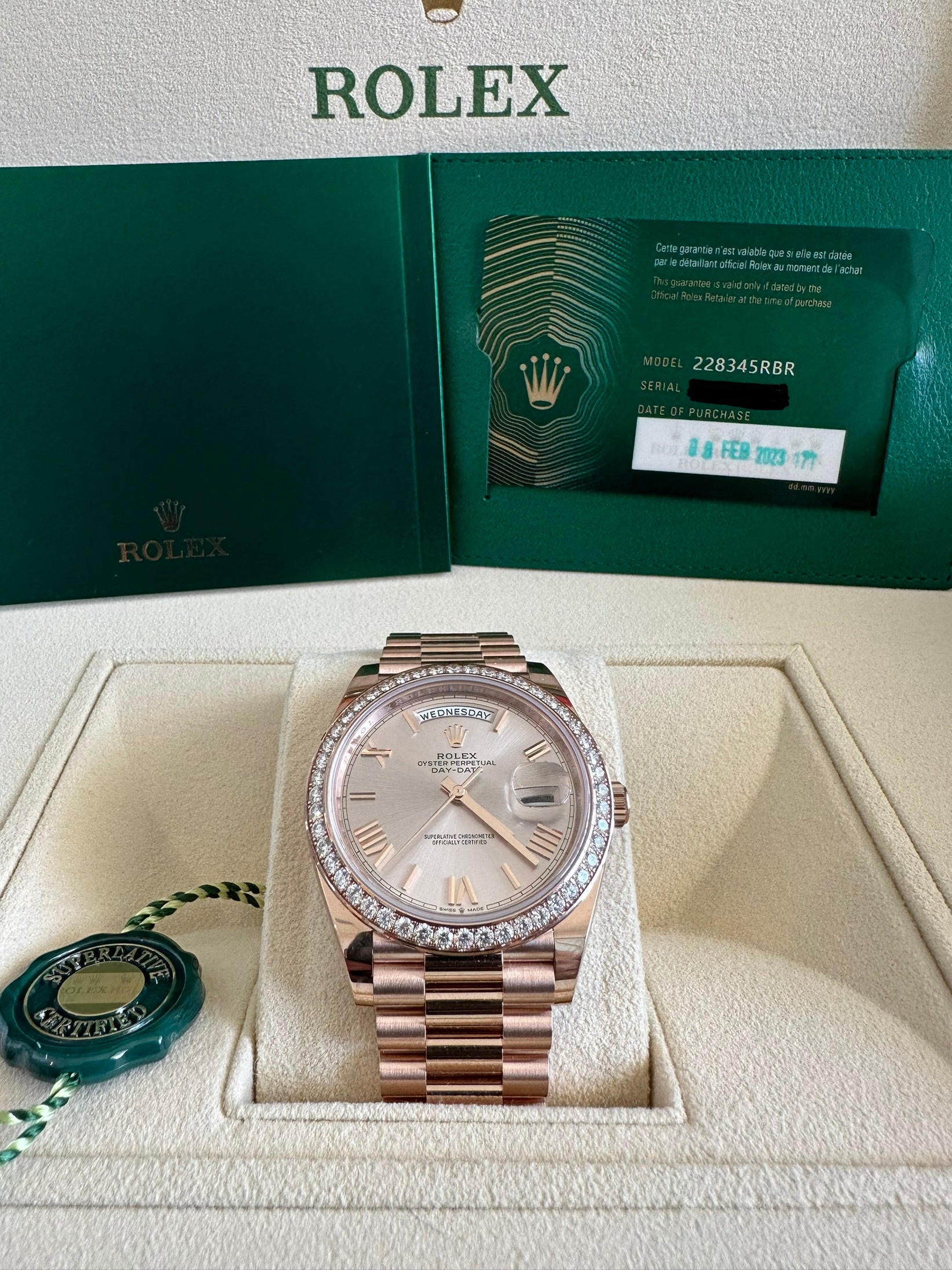 Rolex Ever-Rose Gold Daydate 40 Factory Diamond Bezel - 228345RBR